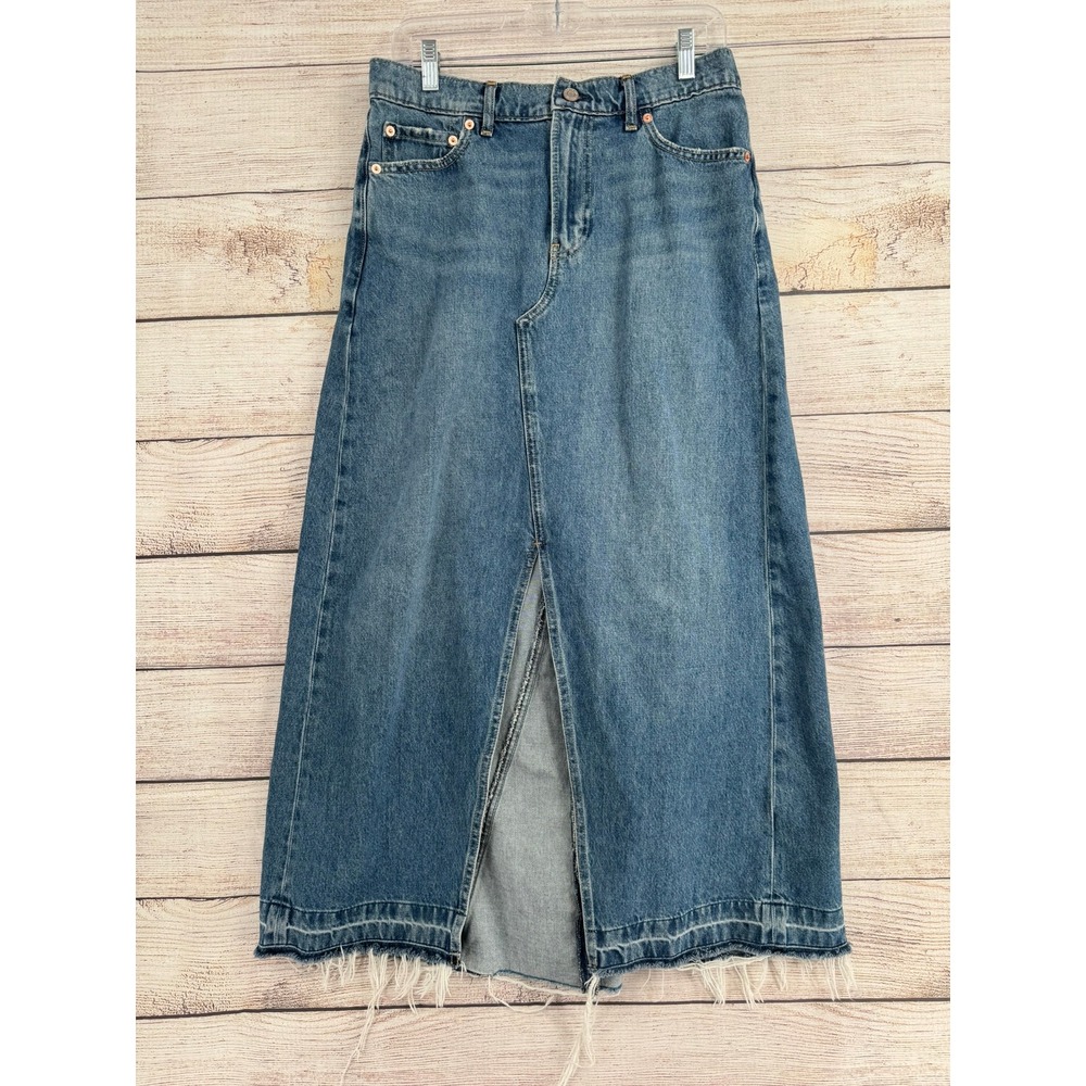 Gap Denim Maxi Skirt Women 10/30 Medium Indigo Front Slit Raw Hem 711766-00
